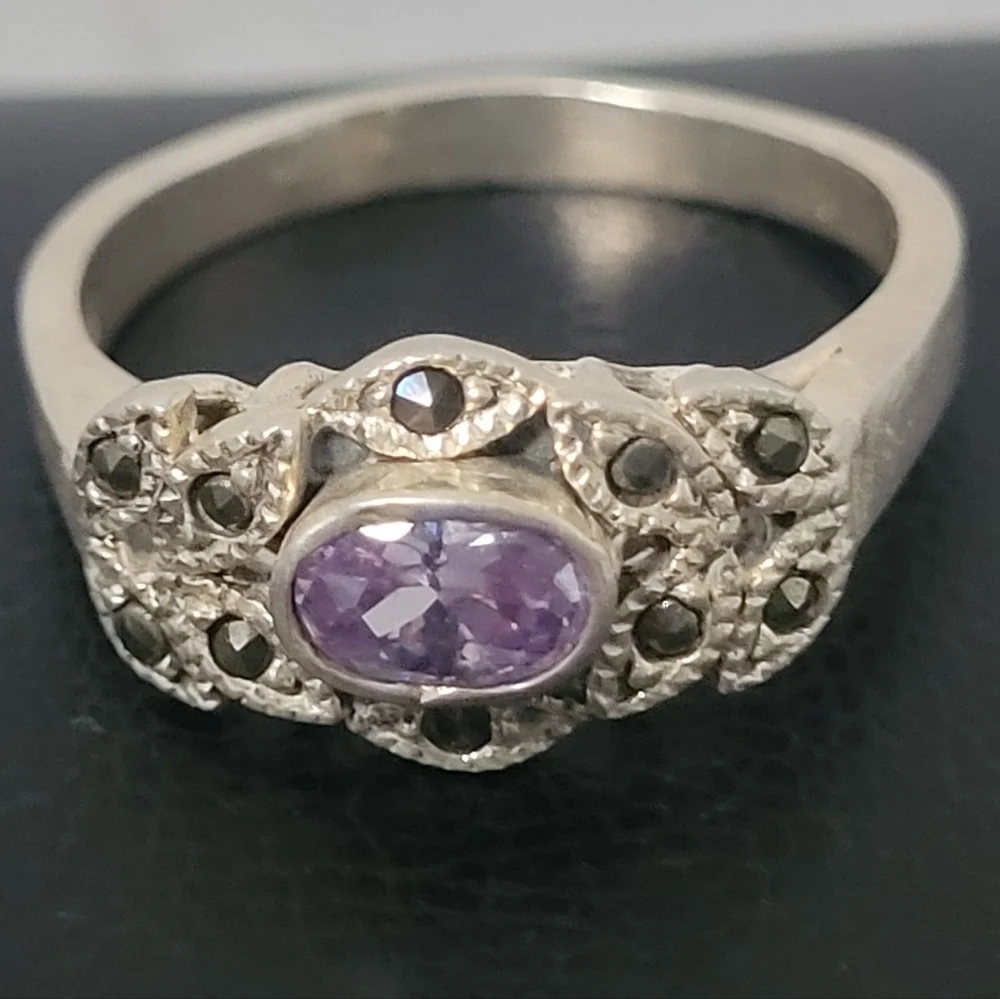 Sterling Silver and Amethyst with Marcasite Ring Size 9